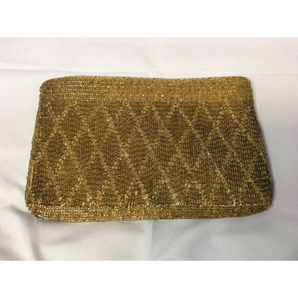 VINTAGE SAKS FIFTH AVENUE GOLD BEADED ZIPPER BAG PURSE CLUTCH - Picture 2 of 9